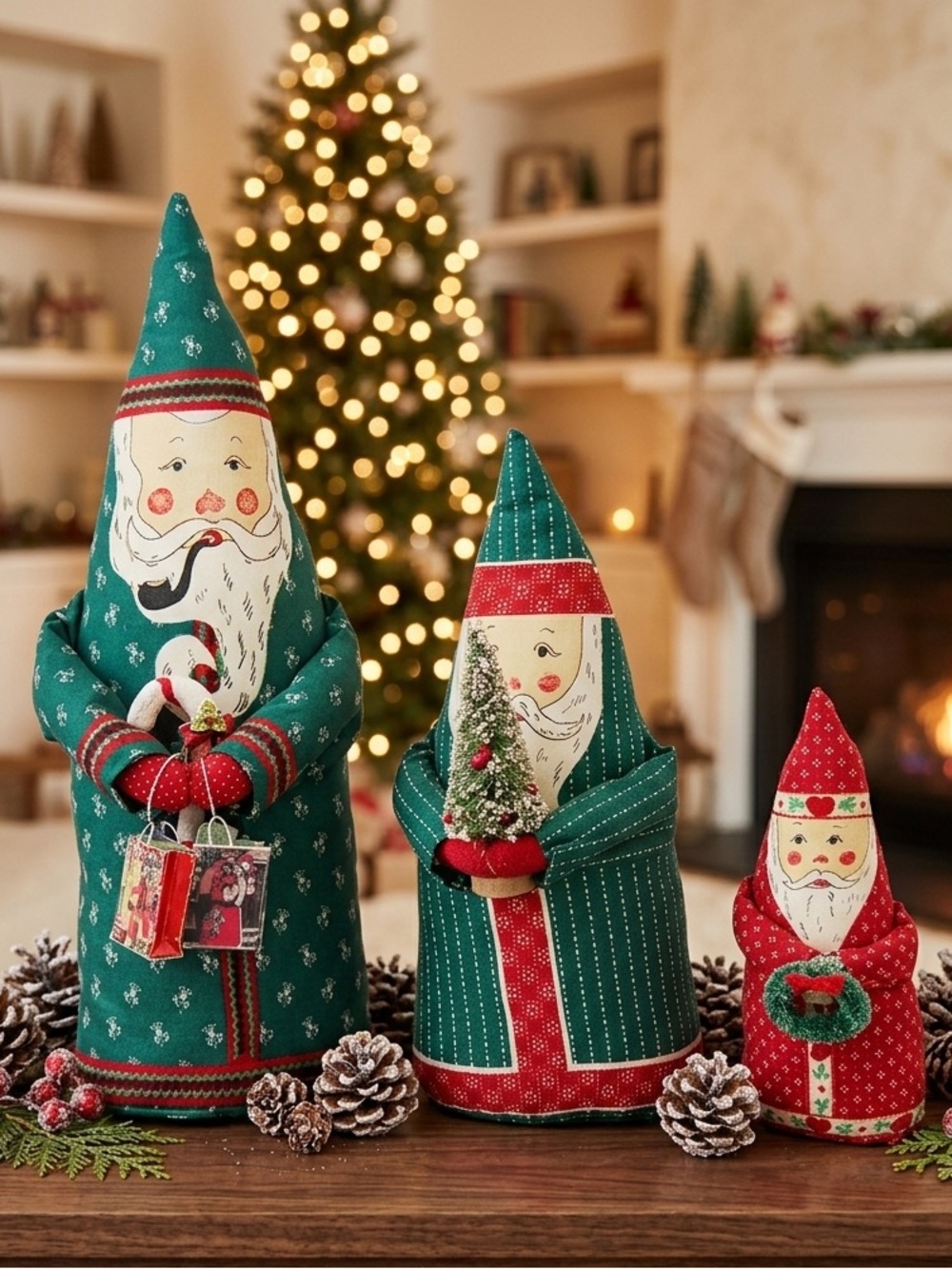 Vtg Trio Stuffed Santa Clauses Weighted Bottom Fabric Christmas Decor 6.5"-12"